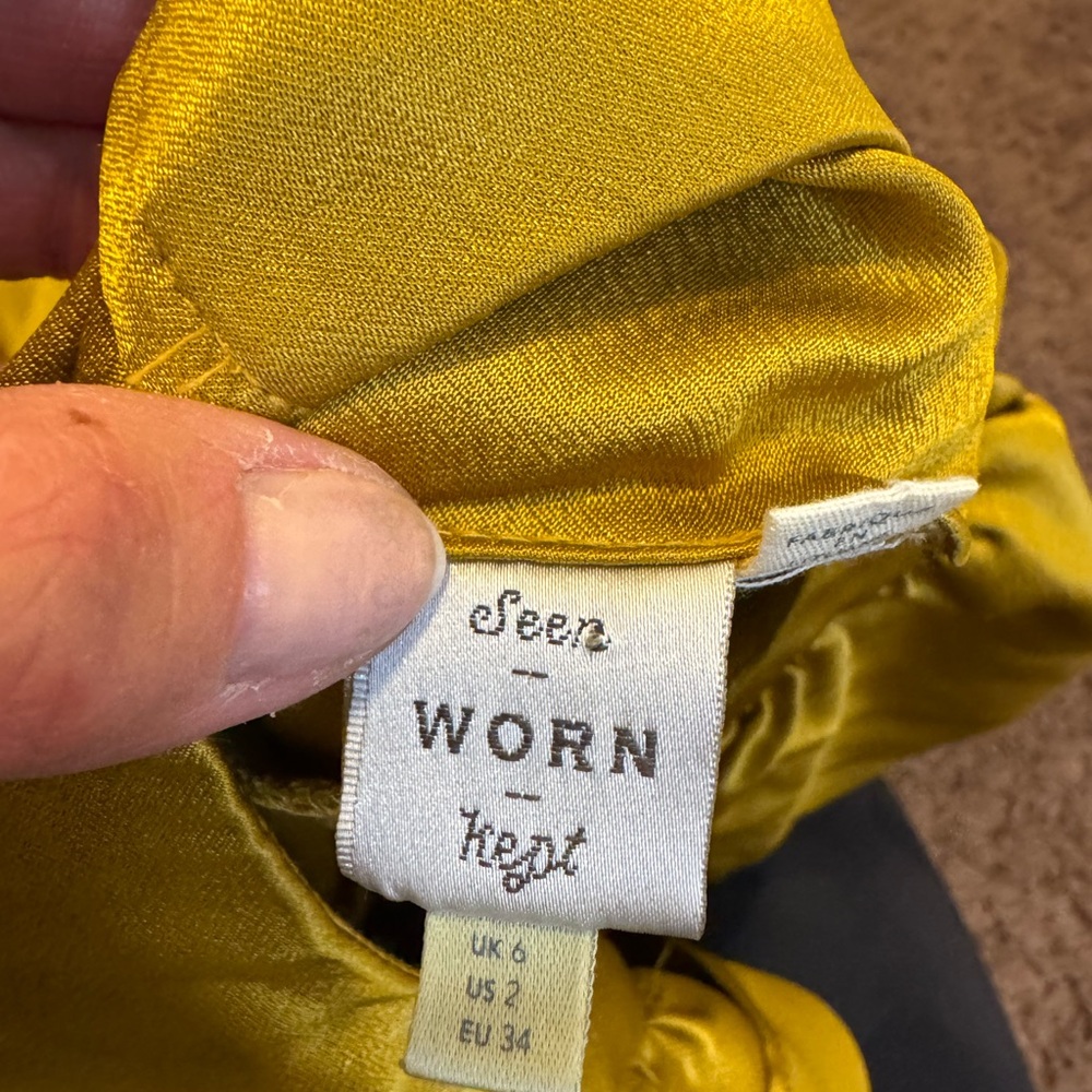 Anthropologie Seen Worn Kept Satin Ruffle Midi Dress Sleeveless Gold Yellow 2 - Picture 4 of 8